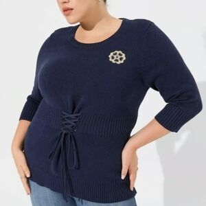 Torrid Outlander Lattice Front Quarter Sleeve Tunic Sweater Blue Womens Large